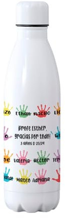 Botella Térmica Personalizada Regalo Profes Nombre de los Niños Acero Inoxidable Doble Capa 500 ml Bebidas Frias y Calientes (Manitas)