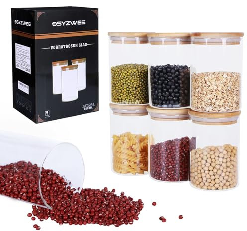 DSYZWEE Vorratsdosen Glas 6er Set, 600ml Vorratsgläser mit deckel rund, Borosilikatglas Vorratsbehälter mit Bambusdeckel, Glasbehälter zur Aufbewahrung Küchenzutaten, für Kaffee, Zucker, Nudeln
