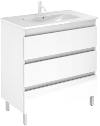 EstiloBaño - Boreal | Conjunto Mueble de Baño con 3 Cajones + Lavabo | Disponible 60-80 + Blanco - Nogal 【Ancho 60】 【Blanco】