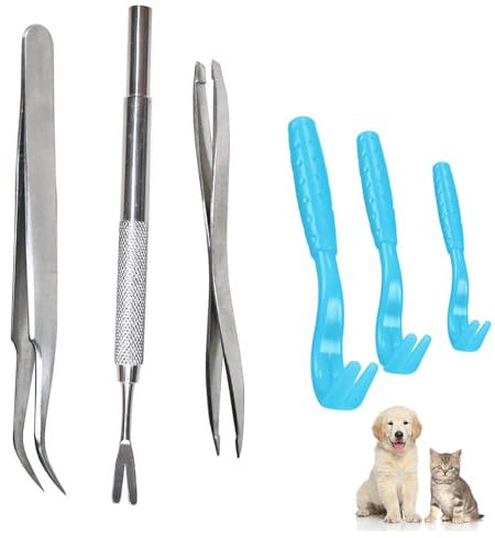 Gudemoore 6 in 1 Tire Zecca, 3 pinze per zecche in plastica e 3 anti zecche per cani, accessori in acciaio inossidabile, per cani, gatti e altri animali