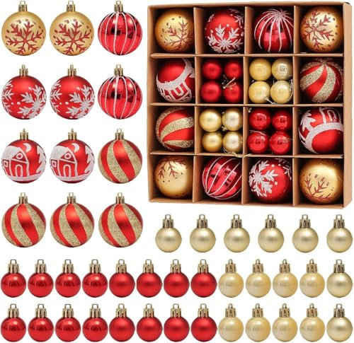 Robofun 44 Stücke Weihnachtskugeln Set, Robuste und Sichere Christbaumschmuck Set, Christbaumkugeln Rot Gold mit Aufhängen, Mehrweg Plastik Kleine Bälle Weihnachtsbaum Deko für Drinnen und Draußen