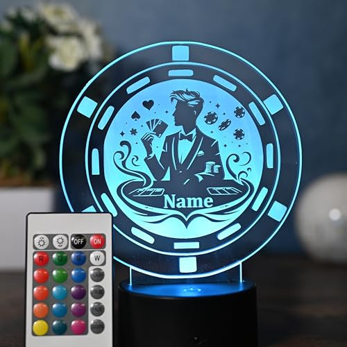 Optechvisual Personalisierte LED Poker Lampe – Geschenk für Pokerspieler & Kartenspieler – LED Nachtlicht für Pokerabend – Stilvolle Poker Deko mit Namen
