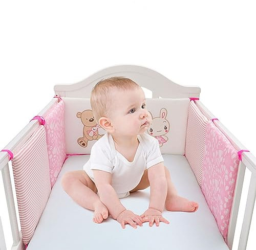 Paracolpi Lettino Neonato Imbottito, Paracolpi Culla Neonato Antisoffoco, Cotone 100% a Tutto Tondo, Un Set Contiene 6 Pezzi di Cuscini Paracolpi per Culla, Ogni Pezzo 30 * 30 cm (Coniglio rosa)