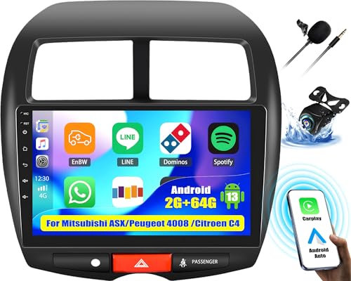 OiLiehu 2G+64G 10,1 Pulgadas Android 13 2 DIN Carplay Android Auto Autoradio para Mitsubishi ASX 2010-2016/Peugeot 4008 2012/Citroën C4 2007-2013 con EQ Bluetooth FM/RDS WiFi GPS