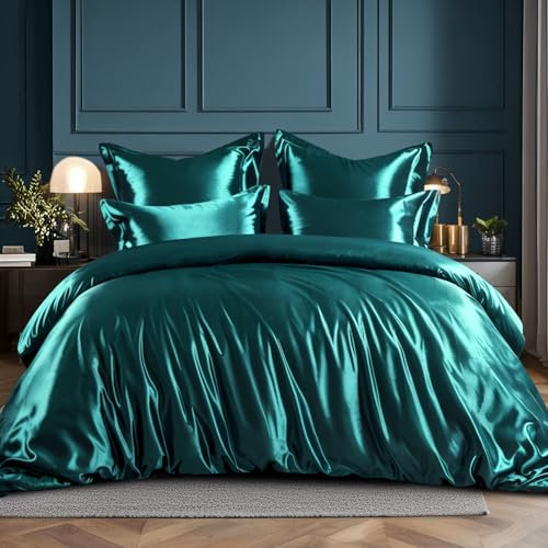 RUIKASI Satin Bettwäsche 200x220 Grün - Luxus Bettbezug mit Glanz wie Seiden Bettwäsche Set Dunkelgrün für Haar und Haut, Glänzend Bettwäsche 200x220cm mit Reißverschluss und Kissenbezug 80x80cm