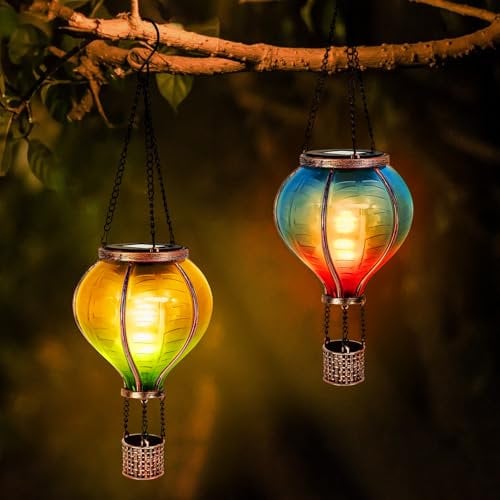 IEEILULU 2PCS Lanterna Solare da Esterno, Mongolfiera Lanterne Solari da Giardino, Luci Solari da Giardino da Appendere con Decorazione a Fiamma