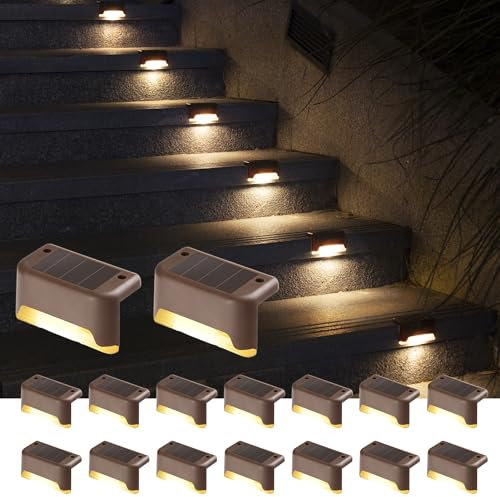 GIGALUMI Solarlampen für außen, 16 Stück Treppenleuchtung, Solar Zaunlichter, Gartenleuchten, wasserdicht Solarleuchten für Balkon, Treppen, Terrassen, Zaun, Hof, Patio(Braun, Warmweiß)