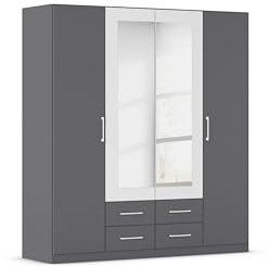 Rauch Möbel Belfast Kleiderschrank, Schrank, Garderobe, Organizer, 4-türig, mit Spiegel, 4 Schubladen für mehr Stauraum, Farbe Grau metallic/Weiß, Schwarz, Stangengriff Weiß, 181x197x54cm