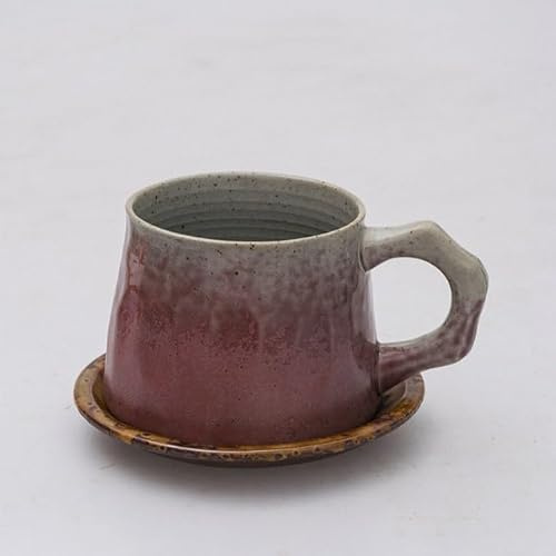 Gohobi Colourful Handmade Stoneware Coffee Mug and Saucer Set – Japanese Vintage Style (Pink)