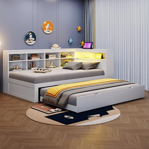 Daybett Tagesbett 90x200 mit Ausziehbarem Bett, Einzelbett mit Regalen und Ablagefächern, multifunktionales Kinderbett mit LED & USB Ladebuchse, Holzbett Jugendbett Funktionsbett, Ohne Matratze, Weiß