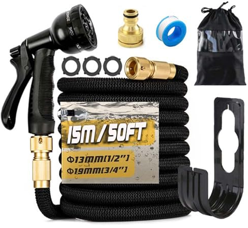 Gziztx 50FT/15M Expandable Garden Hose Flexible Magic Garden Hose Pipe with 3/4 1/2 Fittings, 8 Function Spray Nozzle, 3-Layer Latex Tube (Black)