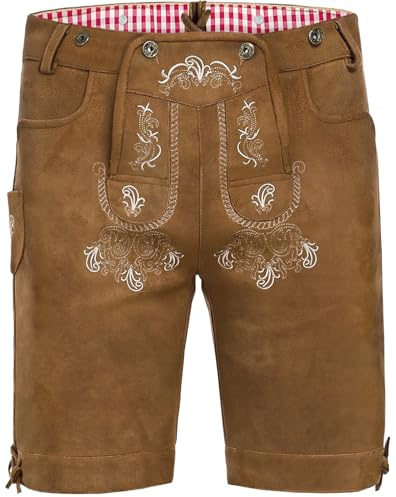 AMZHOTER Lederhose Herren Tracht Oktoberfest Trachtenhose Trachtenlederhosen Kurz Lederhosen Mann Braun bayrische Trachten Hose Trachtenmode mit Hosenträger Hellbraun 56