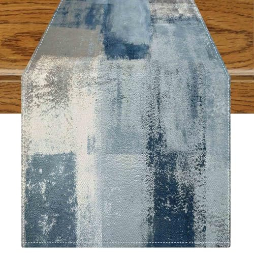 Jayusaror Tischläufer Modern Blau Deko Frühling Tischläufer Retro Bauernhaus Kurz Tischdeko Kunst Gemälde Tisch Läufer Boho Herbstdeko Mittelläufer 40 x 100 cm für Winter Herbst Dekoration Innen
