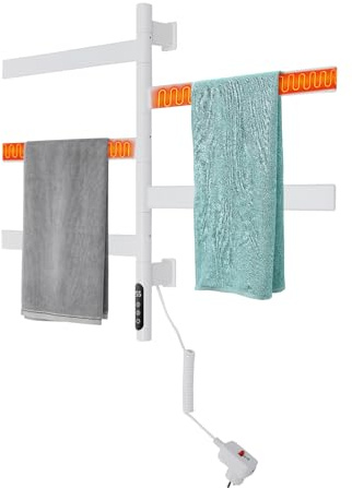 Handtuchheizkörper Elektrisch Handtuchtrockner 180° Drehung mit 5 Heizstäbe und Timer 30-70℃ 120W Handtuchwärmer Badheizkörper Weiß IPX5
