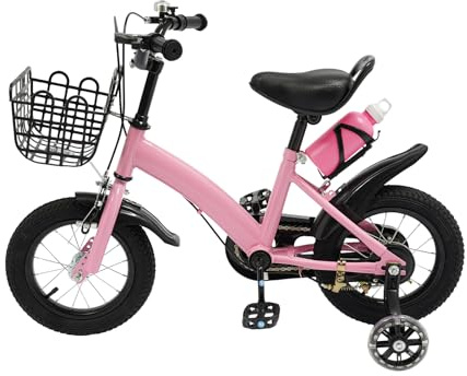 Kinderfahrrad 12 Zoll mit Stützrädern und Korb, Kinder Fahrrad für Mädchen & Jungen mit Manuelle Klingel, Wasserflasche und Kotflügel, Flexibel einstellbar, für 2 bis 5 Jahren (Rosa, 12 Zoll)