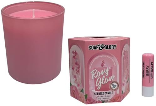 Soap Glory Rosy Glow Scented Candle 210G Floral Signature Scent of Rose and Bergamot,with Free Berry Lip Balm