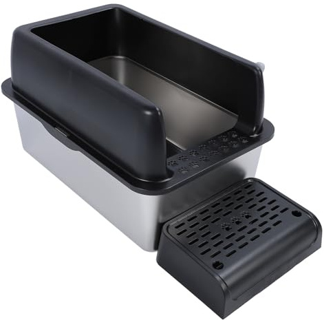 Vvikizy Anti Splashing Extra Large Cat Litter Box with Splash Guard Cover Stainless Steel (Black)