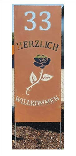 Jabo Design Rost Schild GA05 Wunsch - Hausnummer (Zahl) + HERZLICH WILLKOMMEN + Rose / 100 cm hoch (Höhe gemessen ohne die Stangen/Bodenstecker) rost Steele stecker gartenstecker