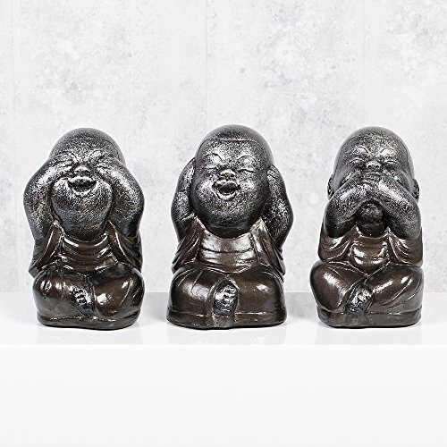 LEBENSwohnART 3er Set Shaolin Figuren Anthrazit aus Zement Dekoration Buddha Mönch sitzend