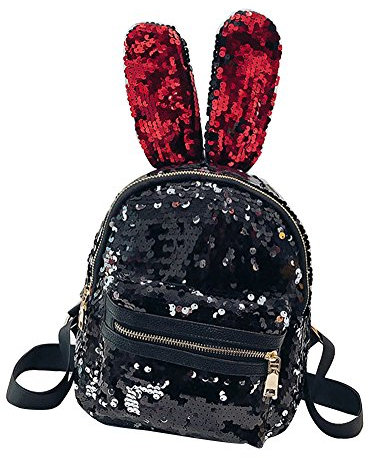 Damen Frauen Tasche Glitzer Pailletten Reise Schulrucksack Reiserucksack Mit Hasenohren Schultertasche Schwarz Rot