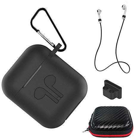 AICEK Funda Compatible para AirPods Silicona Carcasa para Apple AirPods 1 & 2 Protective Case Cover Accesorios con Cuerda Anti-pérdida,Mosquetón,Estuche, Negro