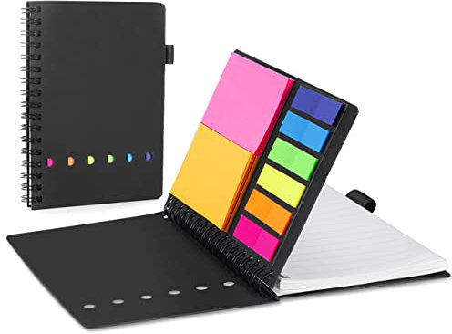 Sticky Notes Set, AGPTEK Haftnotizen Klebezettel Set Selbstklebende Notizzettel, Taschennotizbuch mit Krafteinband, Spiralnotizblock mit Stifthalter und bunten Haftnotizen für Büro und Studenten