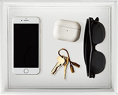 HofferRuffer Schmucktablett Rechteckig, Parfümablage für Kommode, Dekorative Weiße Tabletts 26,9 x 21,6 x 4,7 cm, PU Leder Tablett für Damen und Herren