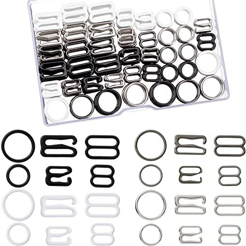 240 Pcs Swimsuit Bra Hooks Bra Strap Hooks Bra Strap Slide Replacement Bra Strap Slider Bra Strap Rings for Swimsuit Tops and Lingerie, 3 Styles, 2 Sizes (Metal, Black, Silver White), 黑色、白色、银色、枪黑色