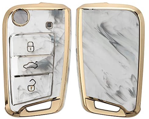 kwmobile Autoschlüssel Hülle kompatibel mit VW Golf 7 MK7 3-Tasten Autoschlüssel - TPU Schlüsselhülle Cover Marmor Gold Weiß Grau