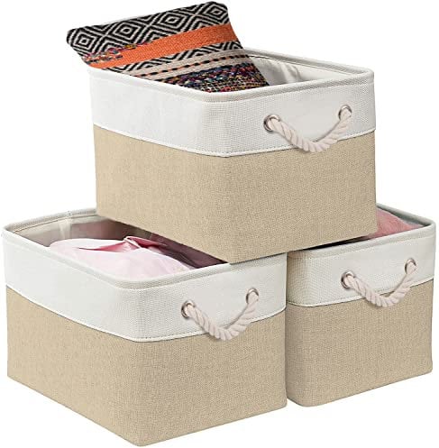 Mangata Große Aufbewahrungsbox 3er Set, Leinenstoff Aufbewahrungskörbe mit Griffen für Schränke, Kleiderschrank, Regale, Badezimmer, Kleidung, Spielzeug, Handtuch (38x28x24cm, Hell Khaki Weiß)
