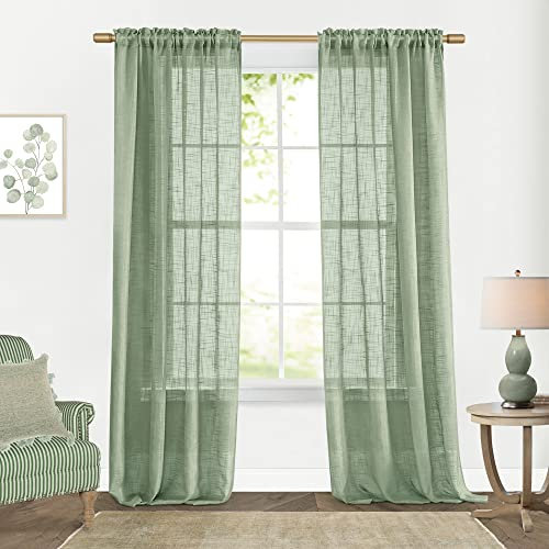 SHINELAND Transparente Vorhänge, 213 cm lang für Frühling, Wohnzimmer, Boho-Vorhänge mit offener Gaze-Leinen-Häkeloptik fürs Schlafzimmer, 2er-Set, Salbeigrün