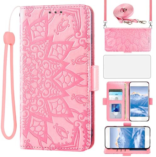 Asuwish Handyhülle für Huawei Y6 Prime/Y6 2018/Honor 7A Hülle mit Band und Glas Schutzfolie Folie Kartenfach Klappbar Leder Geldbörse Ständer Hawaii ATU-L21 Hüllen Mandala Schutzhülle Phone Case Rosa