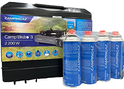 Hornillo de gas Campingaz Campamento Bistro Hornillos de camping 3 quemadores llama única potencia 2200 W con 4 cartuchos Campingaz Bistro CP250 con maletín de transporte