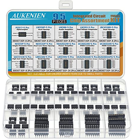 AUKENIEN 15 Values Integrated Circuit IC Assortment Kit PC817 LM358P LM386 LM393 JRC4558D NE555P NE5532P TDA2822D UC3842AN UC3843AN UA741CN LM324N LM339N ULN2003APG ULN2803APG Op Amp Amplifier Timer