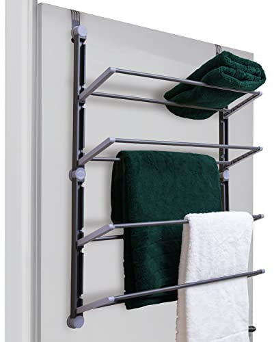 KNIGHT Over the Door Towel Rack, Space Saving Hanging for Any Door Types in the Bathroom. Fold up non-slip metal bars. 4 Tier household organiser hand towels. Quick assembly [Grey] (4 Tier)