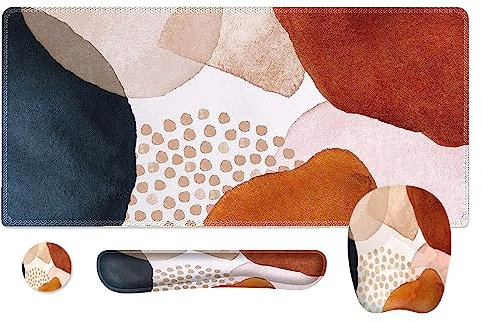 Anyshock XXL Boho Desk Matt, Gaming Mouse pad with Wrist Support, Keyboard Wrist Rest, 4 in 1 Ergonomic Desk Pad Mat Large with Coaster, Keyboard and Mouse Pad Set for Desktop Office Computer, Orange