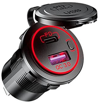 Cargador USB C 12V - Cargador USB PD&QC 3.0 Doble PuerCarga rápida 12V/24V con Interruptor Encendido | Toma Carga teléfono móvil para Coche, Caravana, Barco, camión Marino, Wenmin