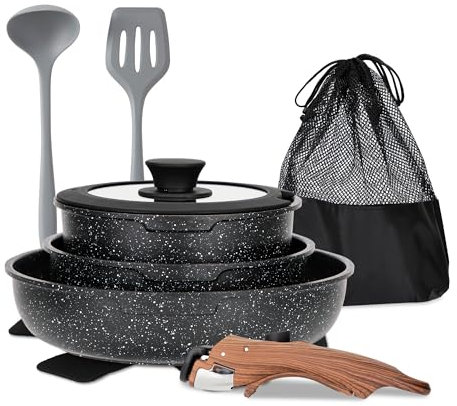 MAISON ARTS Detachable Handle Pots and Pans Set, 10 Piece Nonstick Black Granite Cooking Pot, Stackable Induction Cookware Sets, Ideal for Camping and RVs