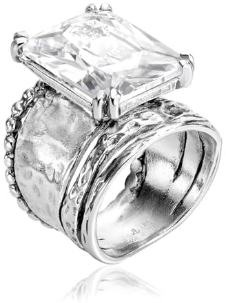 JEAN RACHEL JEWELRY Statement-Ring aus 925er-Sterlingsilber mit weißem, achteckigem Zirkonia, Vintage-Antik-Look, hypoallergen, frei von Nickel und Blei, handgefertigte Designer-Kollektion