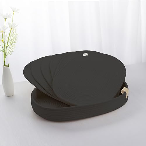 ART pinecone Platzsets, oval, gewebt, Boho, Bauernhaus-Tischsets für 6 Personen, Küchendekoration, waschbar und handgefertigt, rustikales Tischzubehör (oval, schwarz), 6 Stück