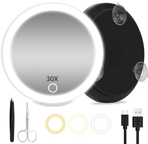JADAZROR LED-Kompaktspiegel, 30-Fach-Vergrößerungsspiegel mit Licht, 15cm Reisespiegel mit Vergrößerung, wiederaufladbarem beleuchtetem 30-facher Vergrößerungsspiegel