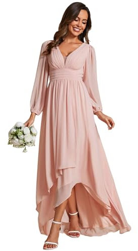Ever-Pretty Robes De Demoiselle d'honneur High Low Manches Longues Col V Lingne A pour Mariage Chic Rose 44