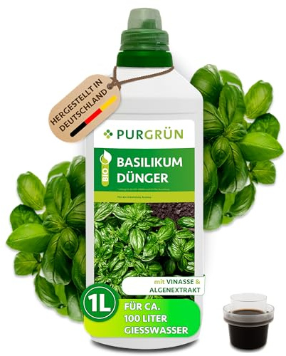 Purgrün® Bio-Basilikum-Dünger 1 Liter – Organische Rezeptur – Premium-Flüssigdünger – NPK 4+1+7 – Mit Algenextrakt & Vinasse – Extra Kalium für buschiges Wachstum – Ohne tierische Inhaltsstoffe
