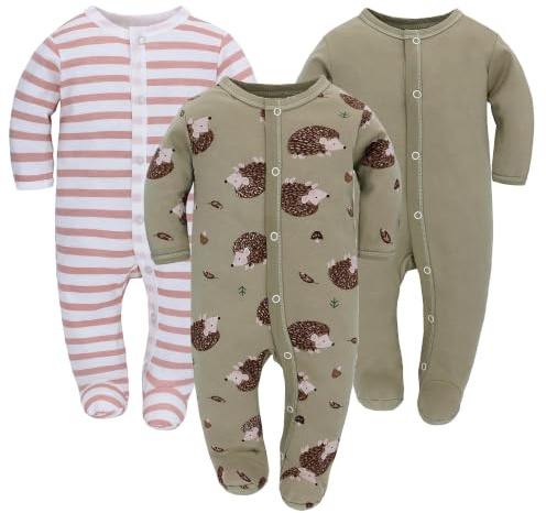 3PCS Baby Schlafstrampler Babychlafanzug Babyschlafsack Baumwolle mit Füßen mit knöpfen Gr. 56 62 68 für Junge Mädchen Neugborenen