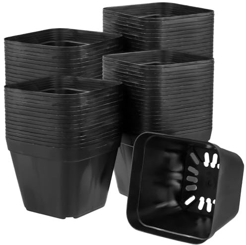 JEUIHAU 80 PCS Plastic Square Plant Nursery Pots, 4 inch Black Plant Flower Pots, Seed Pot Flower Plant Container for Fruit, Vegetable, Plant, Seedlings