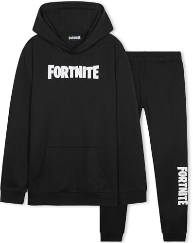 Fortnite Ensemble Survêtement Garçon, Sweat à Capuche et Pantalon de Jogging - Cadeau Enfant (Noir, 14-15 Ans)