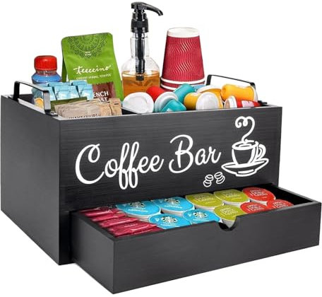 Guolich Porta Cialde Caffe Porta Capsule Caffe,Portacialde da Caffè,Porta Tisane in Pineta con 1 Cassetto per Organizzare Capsule, Cialde,Tisane,Zucchero,Cannucce,Bicchierini da Caffè,Nero