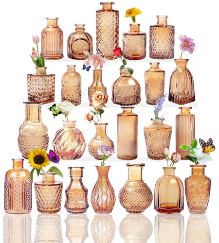 Sawoake Lot de Petits vases en Verre Transparent avec couvercles pour décoration de Table, Mariage, réception, Maison, Bouteilles Vintage (Ambre, 24)