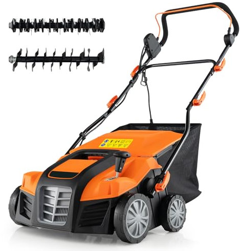 COSTWAY Scarificatore 2 In-1 per Prato, 15A Decespugliatore per Prato da 41 cm, con Regolazione dell'Altezza e della Profondità, Erbicida Pieghevole con Sacca di Raccolta da 55L (Arancione)