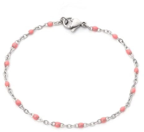 Bracelet perles émail artisanal - Bracelet chaine fine acier inoxydable argent femme fille (16, Rose)